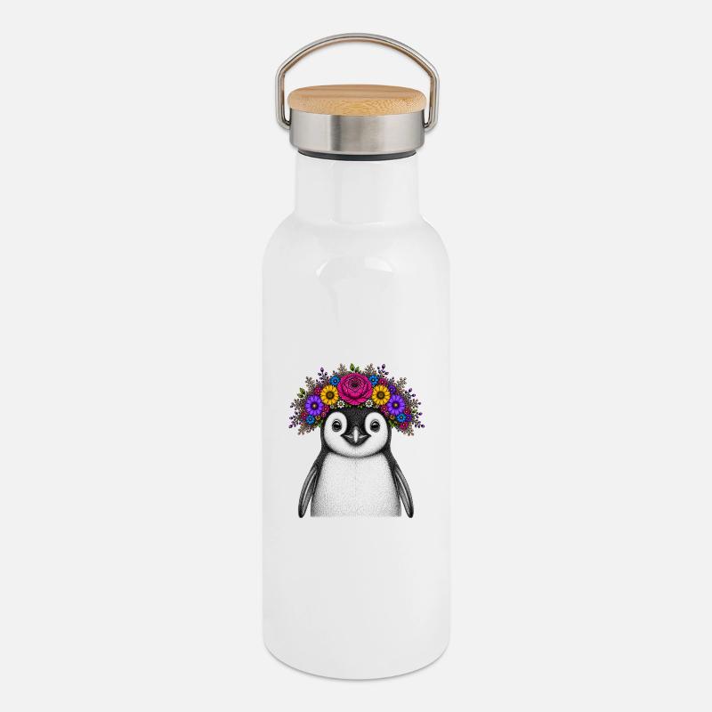 Pinguin mit Blumenkrone - Thermosflasche mit Bambusdeckel - Weiß