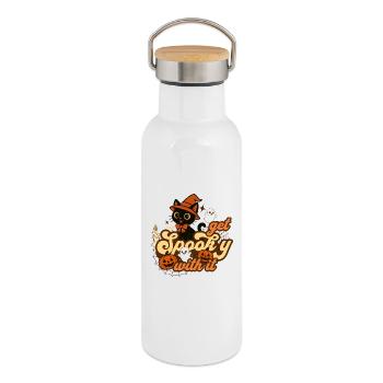 Skurriles Halloween-Katzendesign - Thermosflasche mit Bambusdeckel - Weiß - Rechts