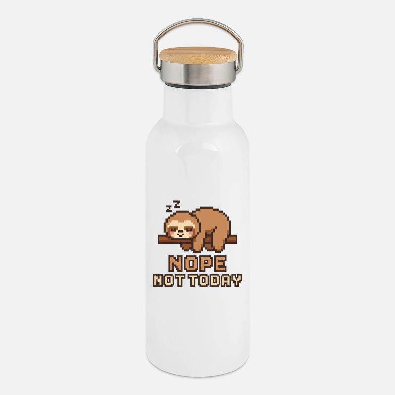 Pixel Sloth Anti – NOPE NOT TODAY Lazy Mood - Thermal Bottle with Bamboo Lid - white