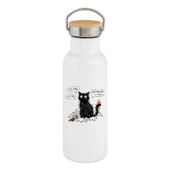 Black Cat Wrapped in Lights - Thermal Bottle with Bamboo Lid - white - Right