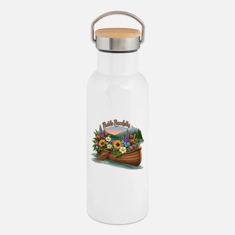 Paddeln Sie friedlich mit Kanu voller Wildblumen - Thermosflasche mit Bambusdeckel - Weiß