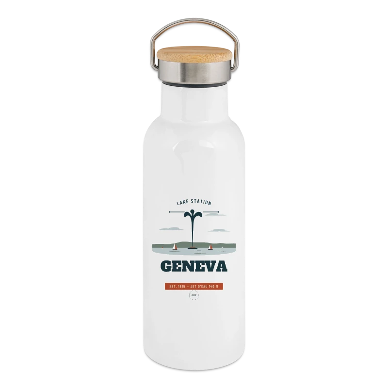 Geneva badge on a thermal bottle with bamboo lid
