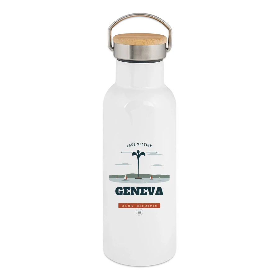 Geneva badge on a thermal bottle with bamboo lid, white