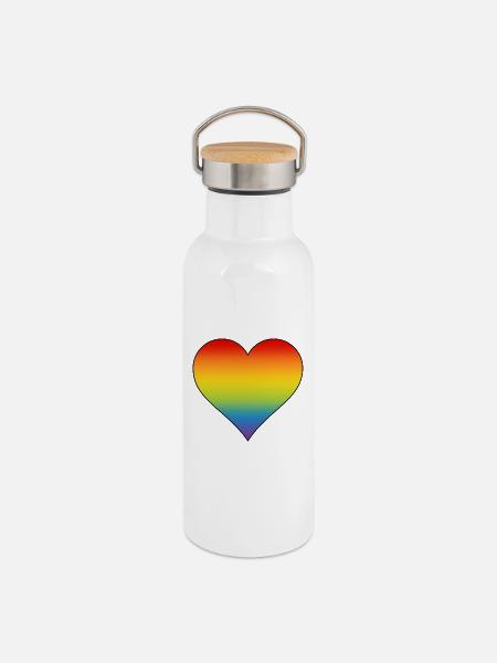 Regenbogen Herz  - Thermosflasche mit Bambusdeckel - Weiß