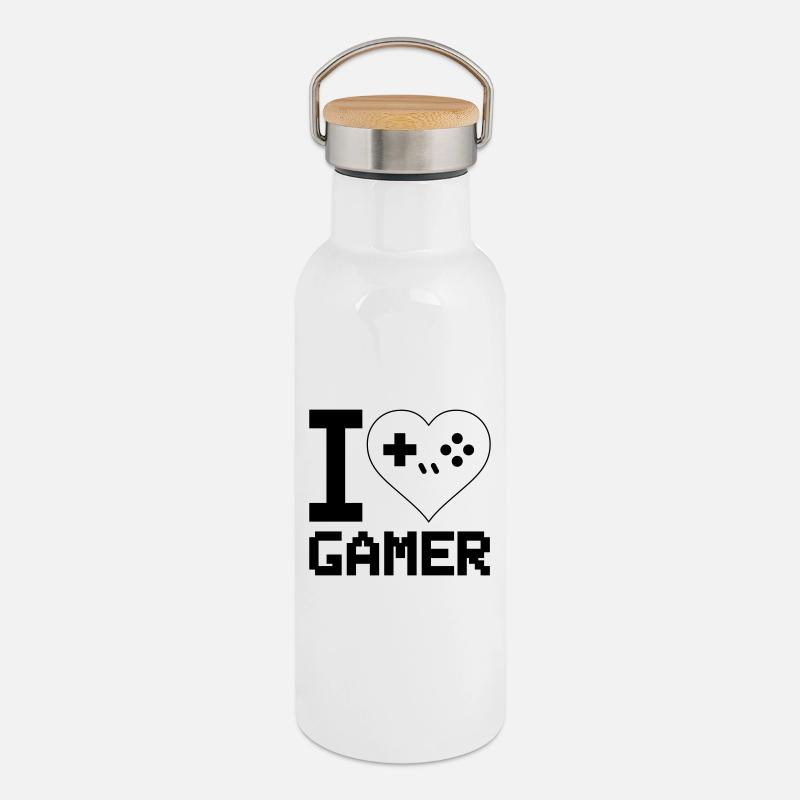 I Love Gamer - Thermosflasche mit Bambusdeckel - Weiß