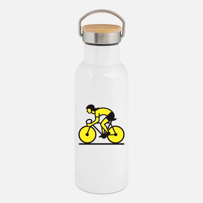 Yellow Road Cyclist Silhouette - Thermal Bottle with Bamboo Lid - white