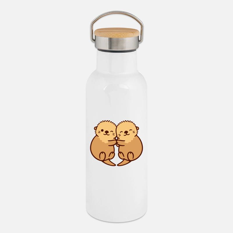 otter hug - Thermal Bottle with Bamboo Lid - white