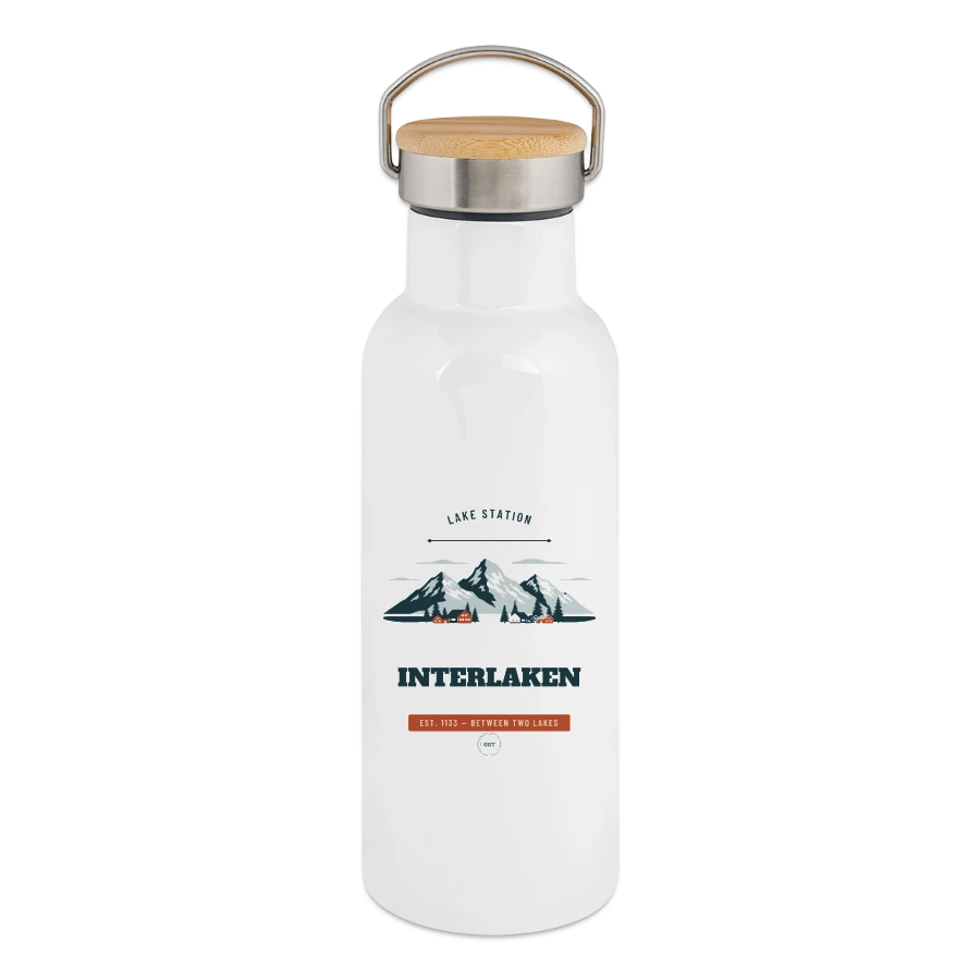 Interlaken badge on a thermal bottle with bamboo lid, white