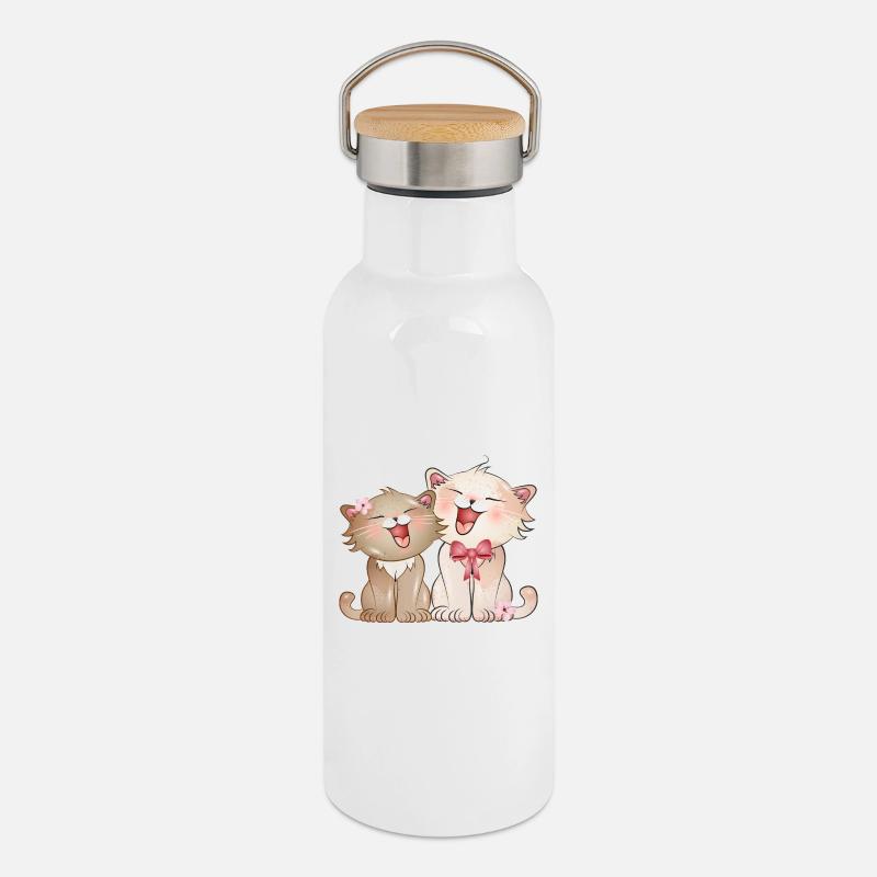 Deux chats chanteurs mignons enfants - Gourde isotherme avec bouchon en bambou - blanc