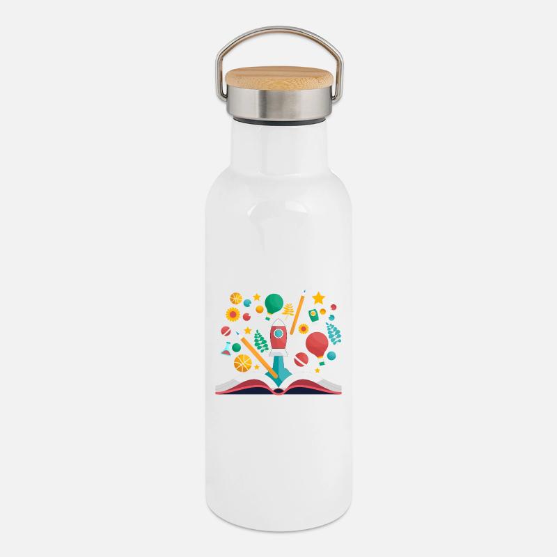 Livre ouvert avec des objets scolaires, apprendre et éduquer - Gourde isotherme avec bouchon en bambou - blanc