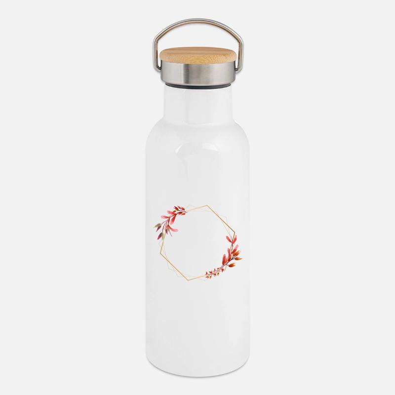 Hexagone doré à fleurs rouges et oranges - Gourde isotherme avec bouchon en bambou - blanc