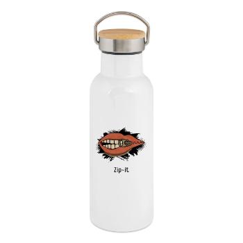 Zip it – Freches Statement im Pop-Art Look - Thermosflasche mit Bambusdeckel - Weiß - Rechts