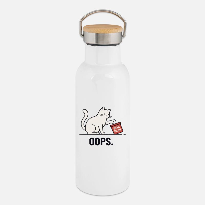 Mon plan... Oups – Chat drôle - Gourde isotherme avec bouchon en bambou - blanc