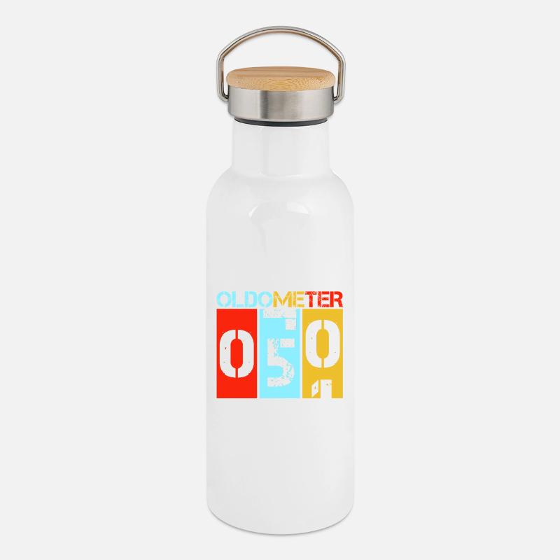 50e anniversaire de l’Oldometer 50 Vintage Retro - Gourde isotherme avec bouchon en bambou - blanc