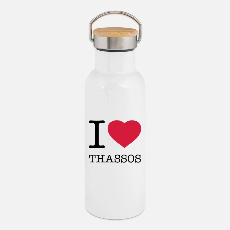 I LOVE THASSOS - Thermosflasche mit Bambusdeckel - Weiß