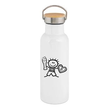 Trachten-Männchen mit Bier und Lebkuchenherz - Thermosflasche mit Bambusdeckel - Weiß - Rechts