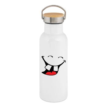 Big smile. Happy, smiling mouth, lips face. - Thermal Bottle with Bamboo Lid - white - Right