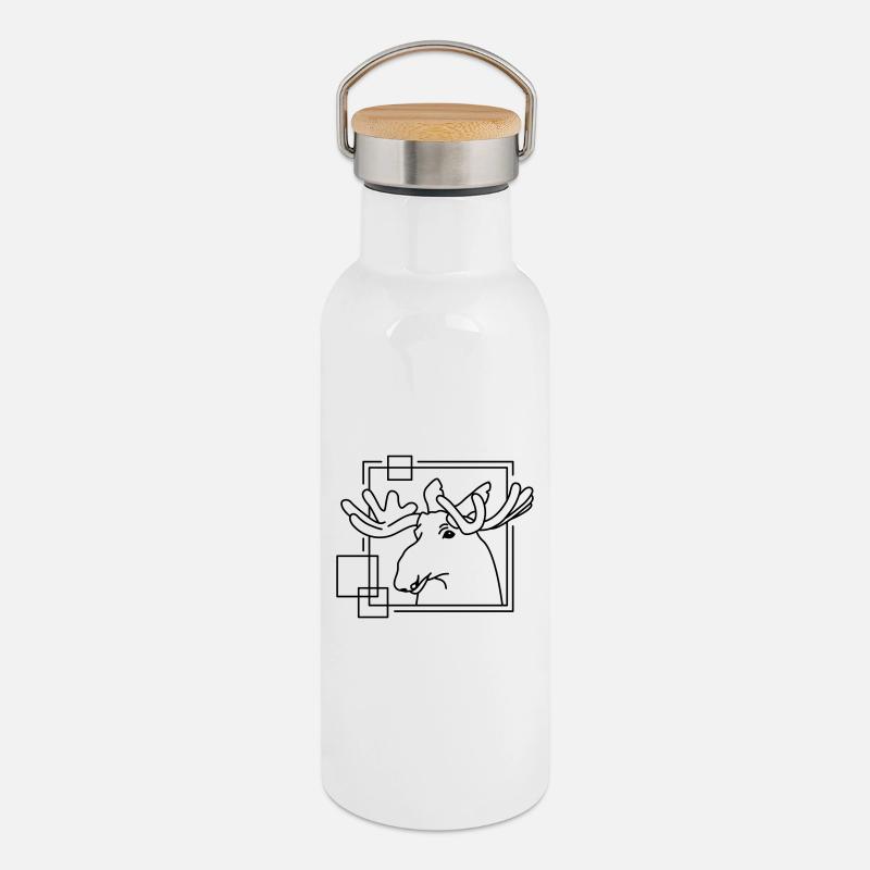 Alce in forma geometrica - Design di linee - Thermos con coperchio in bambù - bianco