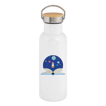 Livre ouvert avec scène spatiale, imagination et Avent - Gourde isotherme avec bouchon en bambou - blanc - Droite