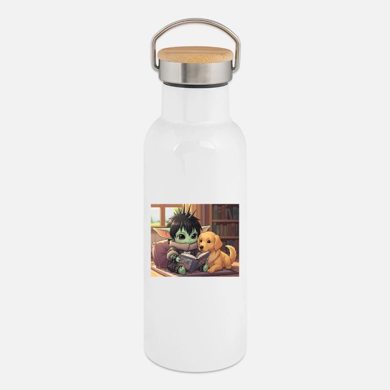 Kleiner Goblin mit Hund und Comic-Book - Thermosflasche mit Bambusdeckel - Weiß