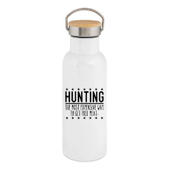 Jäger Lustiger Spruch – Gratis Fleisch Design - Thermosflasche mit Bambusdeckel - Weiß - Rechts