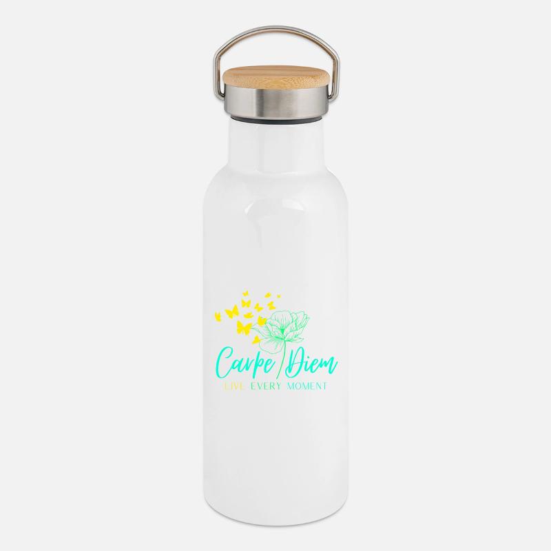 Carpe Diem LIVE EVERY MOMENT - Thermosflasche mit Bambusdeckel - Weiß