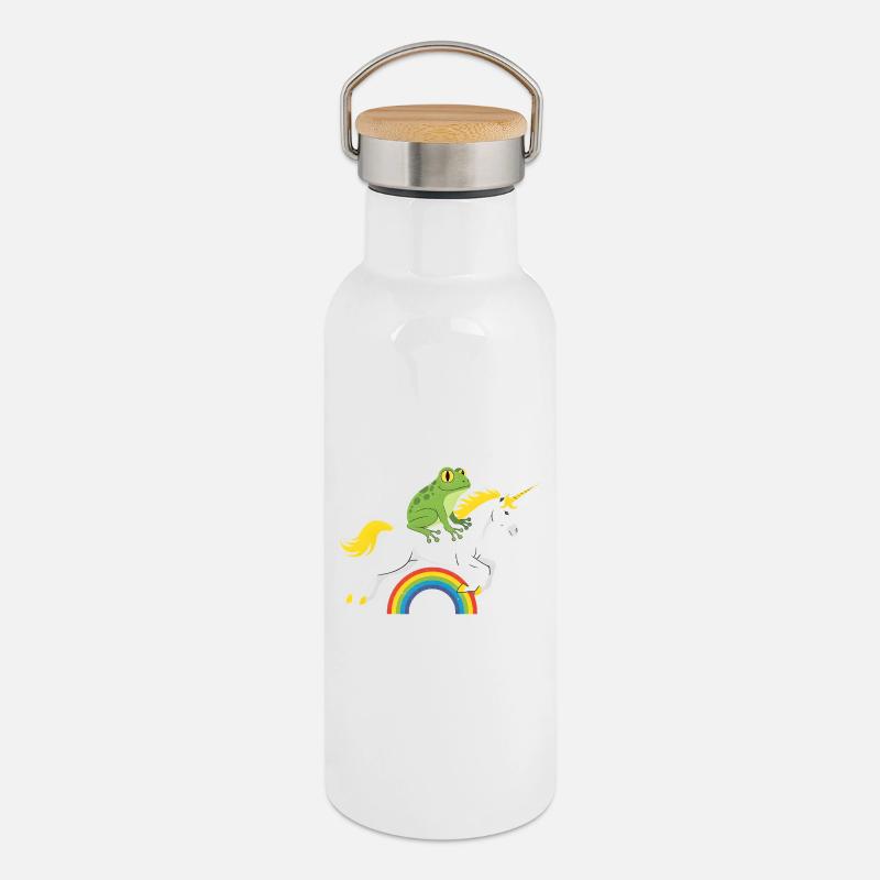 Frog rides unicorn over rainbow - Thermal Bottle with Bamboo Lid - white