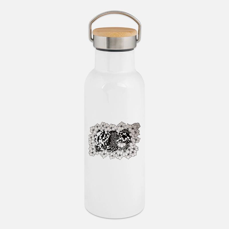 Schwarze Blütenlinien Muster - Thermosflasche mit Bambusdeckel - Weiß