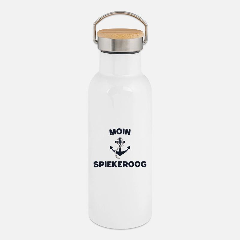 Moin Spiekeroog – Maritimes Anker-Design - Thermosflasche mit Bambusdeckel - Weiß