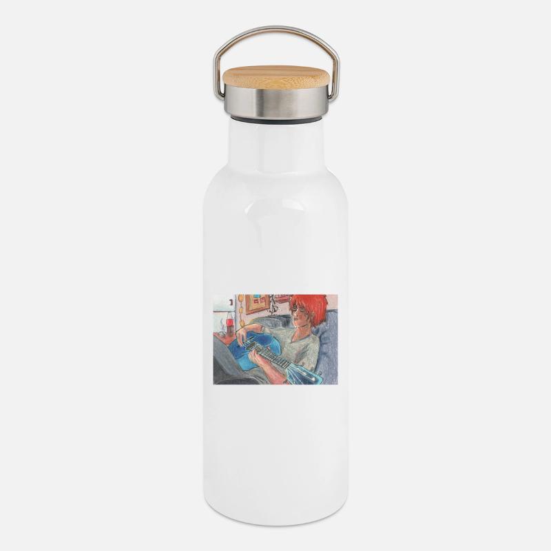 Blaue Gitarre - Thermosflasche mit Bambusdeckel - Weiß