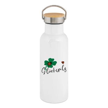Glückspilz Kleeblatt Glück - Thermosflasche mit Bambusdeckel - Weiß - Rechts
