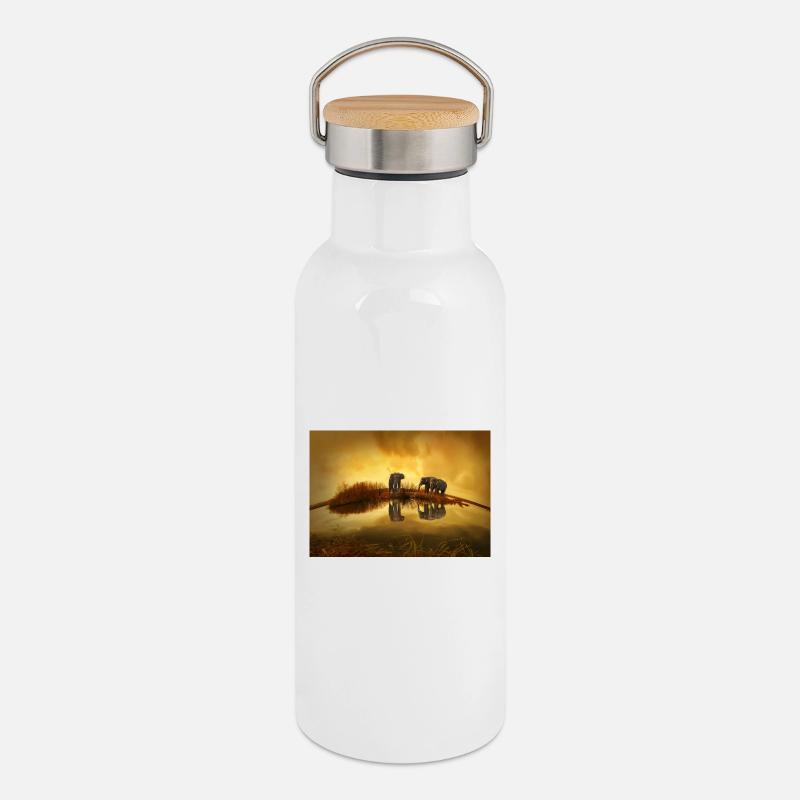 3 Grey Elephants Under Yellow Sky - Thermal Bottle with Bamboo Lid - white