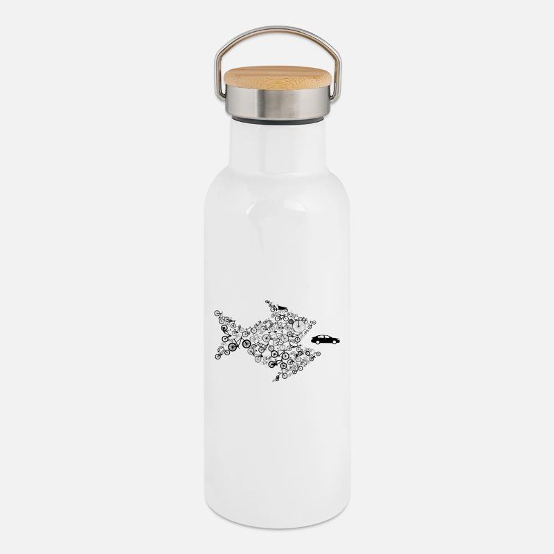 Bicycles Fish eats car - Bicycle - Thermal Bottle with Bamboo Lid - white