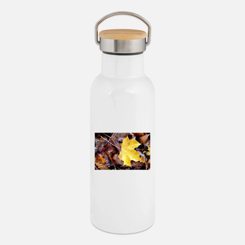 Yellow maple leaf also rainy autumn carpet - Thermal Bottle with Bamboo Lid - white