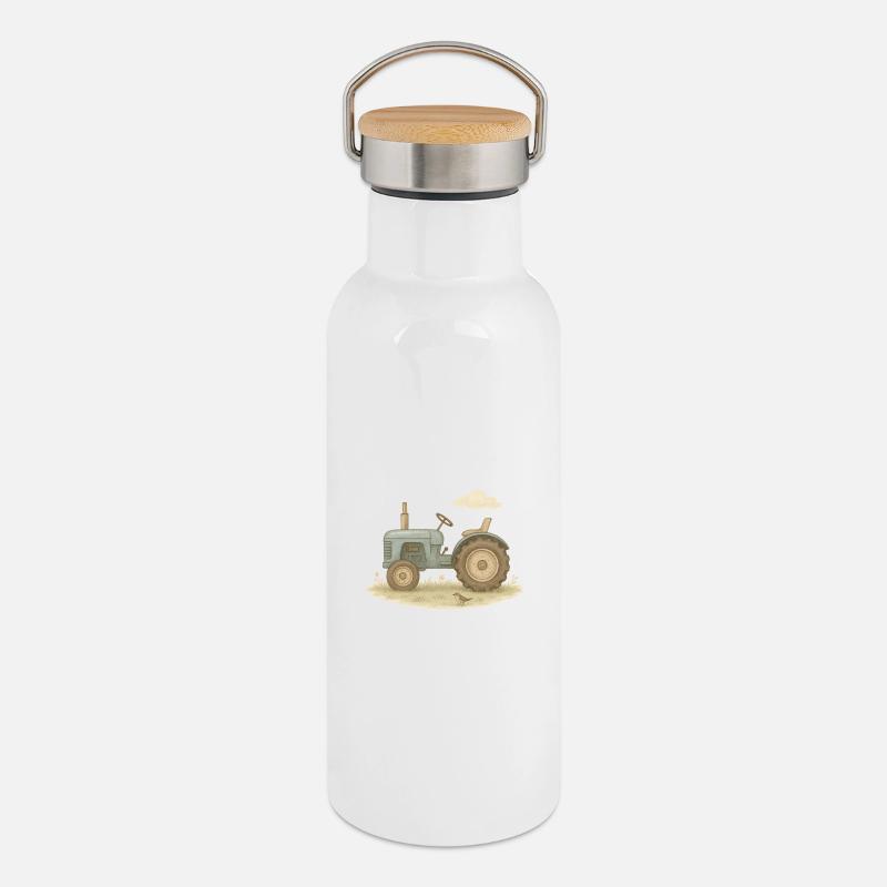 Vintage blue tractor - Thermal Bottle with Bamboo Lid - white