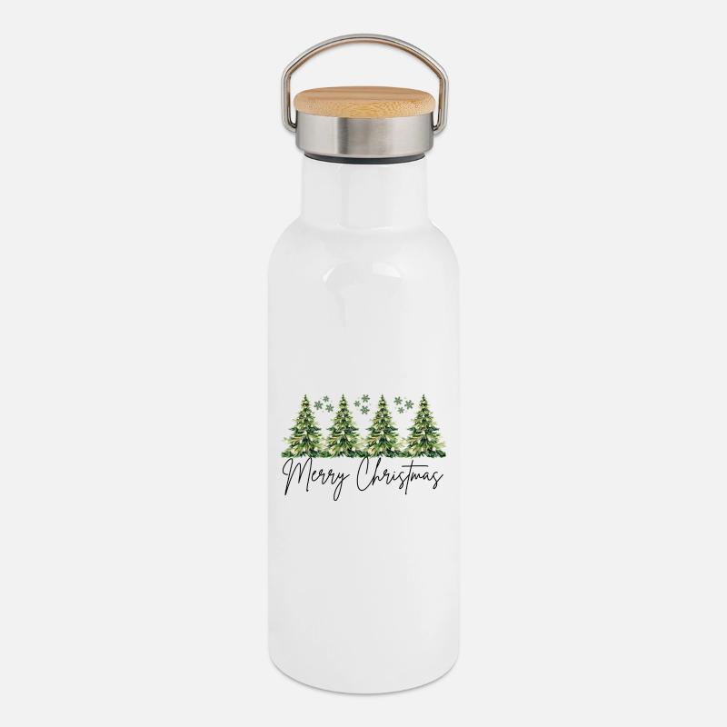 Elegantes Weihnachtsdesign - Thermosflasche mit Bambusdeckel - Weiß