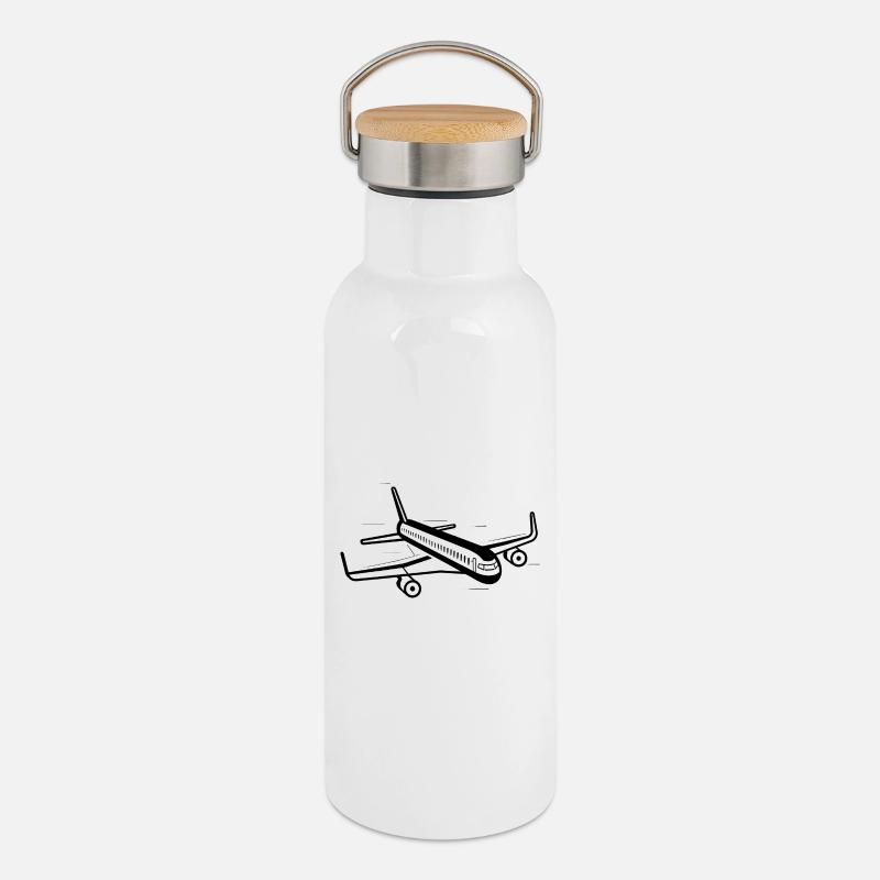 Airplane Sketch - Thermal Bottle with Bamboo Lid - white