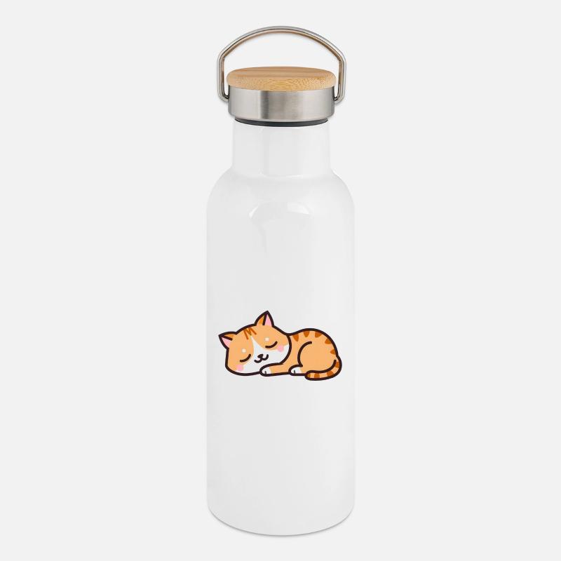 Schlafende Katze - Thermosflasche mit Bambusdeckel - Weiß