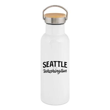 Lettrage vintage à Seattle Washington - Gourde isotherme avec bouchon en bambou - blanc - Droite