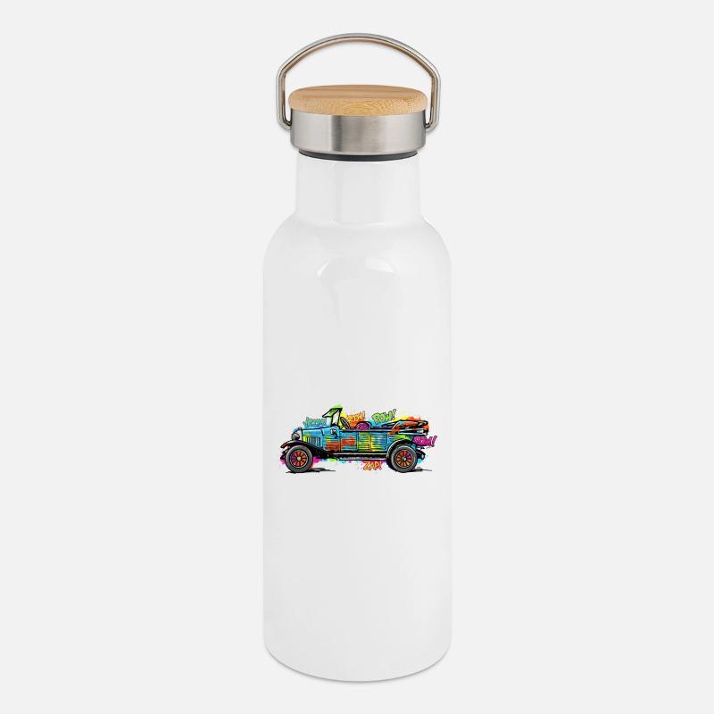 Buntes Comic Auto/ Oldtimer Vintage Druck - Thermosflasche mit Bambusdeckel - Weiß