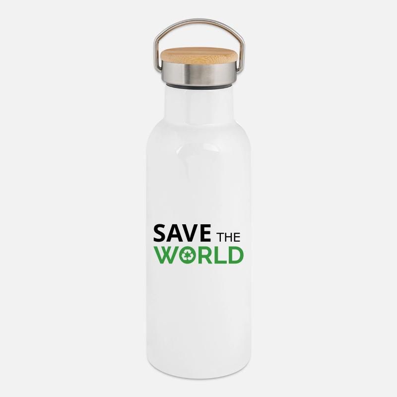 Save the world - Thermal Bottle with Bamboo Lid - white