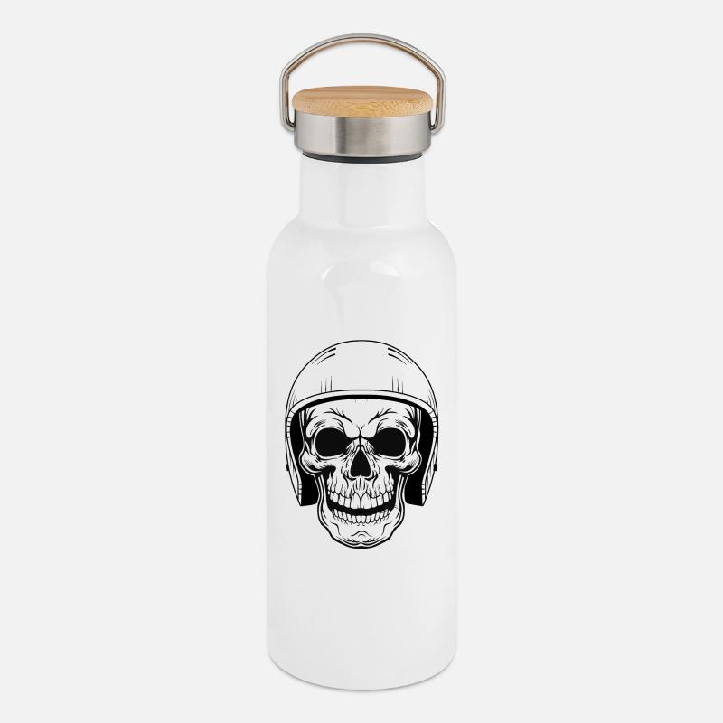 BIKER SCHÄDEL - Thermosflasche mit Bambusdeckel - Weiß