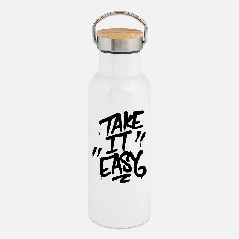 Graffiti Schriftzug TAKE IT EASY - Thermosflasche mit Bambusdeckel - Weiß