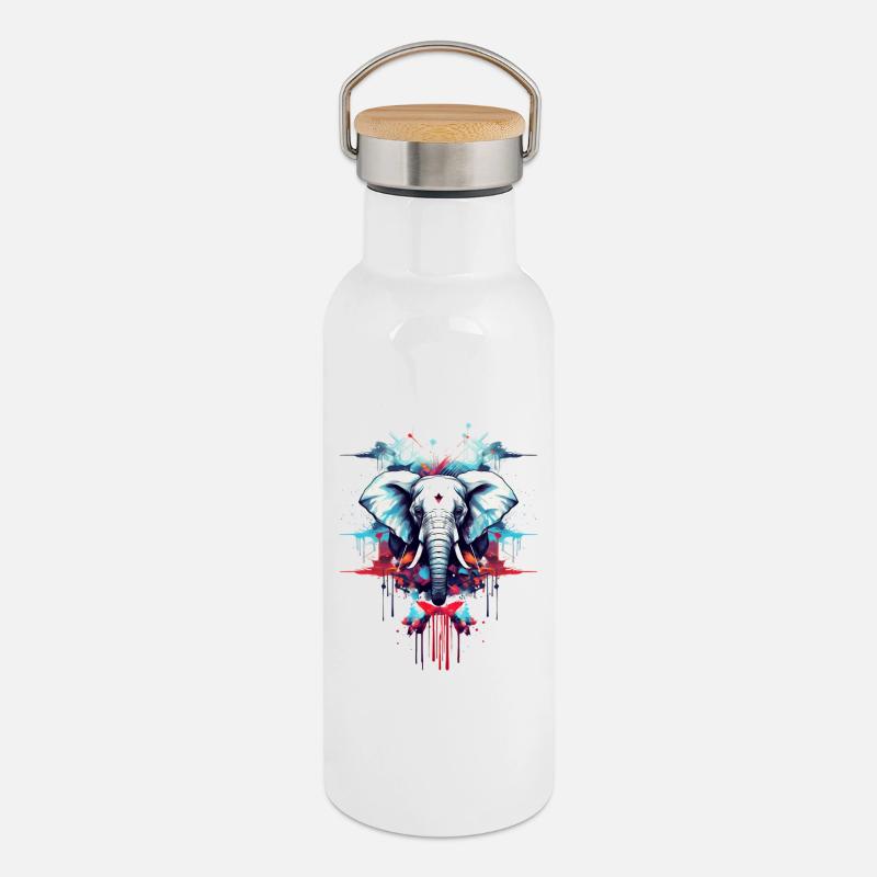 Designer Style éléphant - Gourde isotherme avec bouchon en bambou - blanc