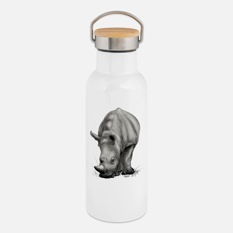 Conception créative réaliste de Rhino - Gourde isotherme avec bouchon en bambou - blanc