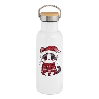 Noël chat - Gourde isotherme avec bouchon en bambou - blanc - Droite