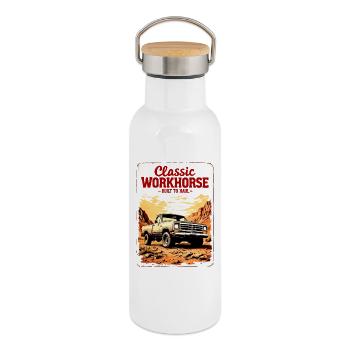 Camion classique de travail – Conçu pour le transport - Gourde isotherme avec bouchon en bambou - blanc - Droite