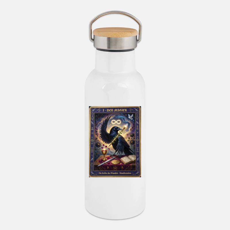 Krähe, der Magier - Thermosflasche mit Bambusdeckel - Weiß