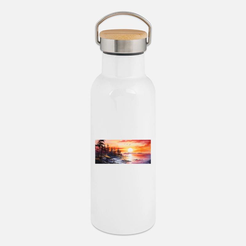 Sonnenuntergang - Thermosflasche mit Bambusdeckel - Weiß