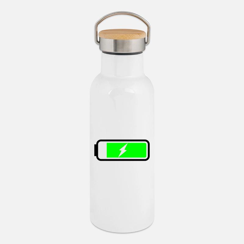 Batterie lädt - Thermosflasche mit Bambusdeckel - Weiß